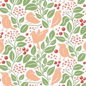 Birds and Blueberries with Baby Breath Flowers and Trailing Leaves peach green 12in JUMBO repeat
