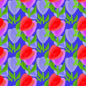 Adorable Red Purple Flowers Blue Background - Hand-drawn 
