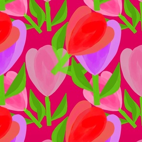 Adorable Red Purple Flowers - Red Background - Hand-drawn