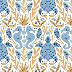 Seahorses and Ocean Turtles, maritime coastal cottage nautical sealife adventure design, mustard yellow and jeans blue 12in