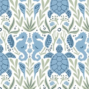 Seahorses and Ocean Turtles, maritime coastal cottage nautical sealife adventure design, light green and jeans blue 12in