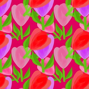 Adorable Red Purple Flowers Red Background - Hand-drawn