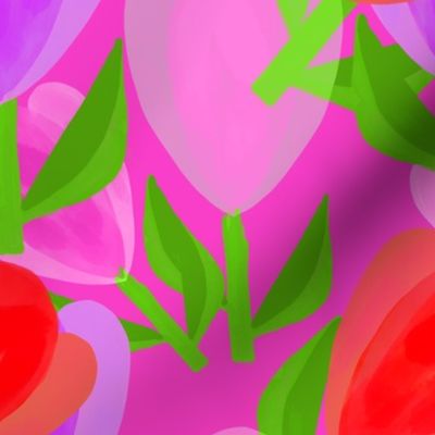 Adorable Red Purple Flowers Pink Background - Hand-drawn