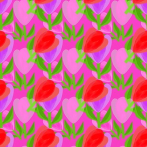 Adorable Red Purple Flowers Pink Background - Hand-drawn