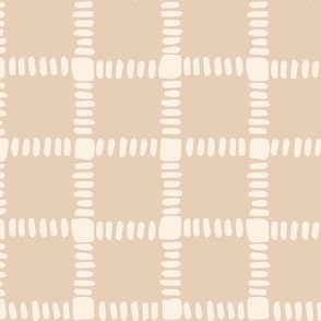 Modern Hand Painted Window Pane Brush Stroke Check in Soft Beige Tan and Cream Linen