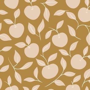 Hand-Drawn Apple Vine and Leaf in tonal neutral Antique Gold and soft tan