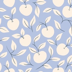 Hand-Drawn Apple Vine and Leaf in tonal periwinkle blue, Ivory and navy