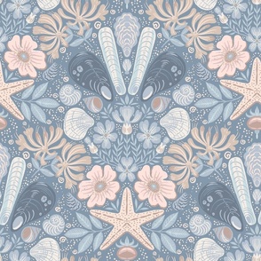 Scandinavian Beach Flora Damask - Dusty Blues