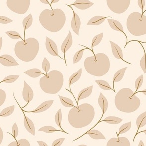 Hand-Drawn Apple Vine and Leaf in tonal neutral Ivory and Soft Tan