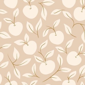 Hand-Drawn Apple Vine and Leaf in tonal neutral soft beige, Ivory and Antique Gold