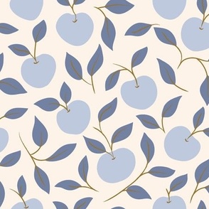 Hand-Drawn Apple and Leaves in Cream, Periwinkle Blue and Mid Blue Chambray