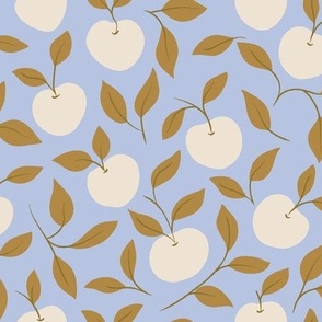 Hand-Drawn Apple and Leaves in Soft Blue, Ivory and Antique Gold