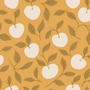 Hand-Drawn Apple and Leaves in Mustard Yellow, Ivory and Antique Gold