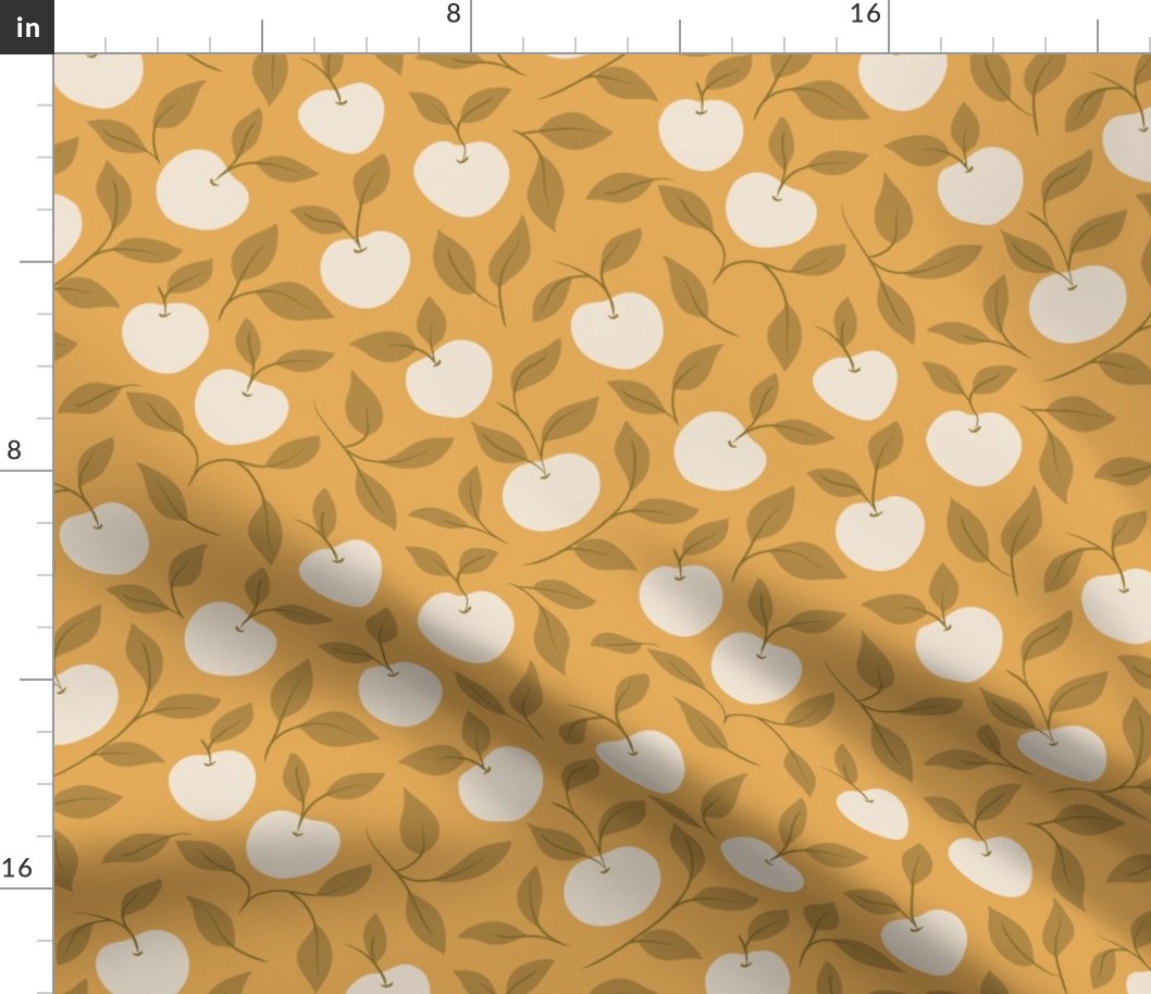 Hand-Drawn Apple and Leaves in Mustard Yellow, Ivory and Antique Gold