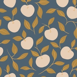 Hand-Drawn Apple and Leaves in Midnight Navy Blue, Ivory and Antique Gold