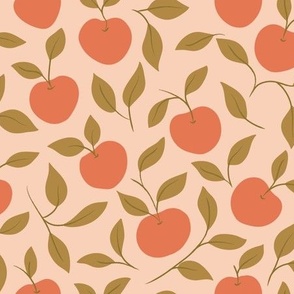 Hand-Drawn Apple and Leaves in Salmon Pink, Terracotta  and Antique Gold