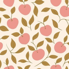 Hand-Drawn Apple and Leaves in Cream, Mid Pink and Antique Gold