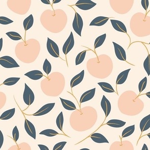 Hand-Drawn Apple and Leaves in Ecru, Soft Pink and Dark Blue Chambray