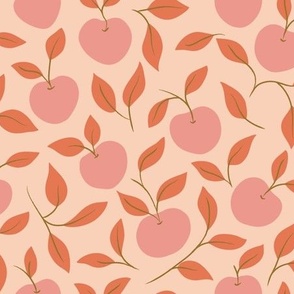 Hand-Drawn Apple and Leaves in Salmon Pink and Terracotta