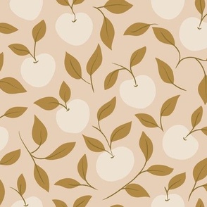 Hand-Drawn Apple and Leaves in Ecru, Linen  and Antique Gold