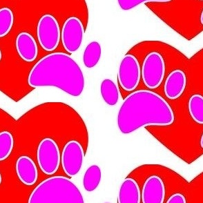 Pink Dog Paw Print And Red Heart Large  Pattern