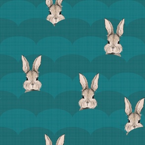 Bunnies on green linen hills - Sweet Rabbits hiding in teal  hills - Large