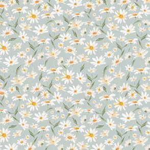 Small - Watercolor Hand Painted Cute Nursery Daisies Wildflowers Spring Meadow - Dove Grey Blue 