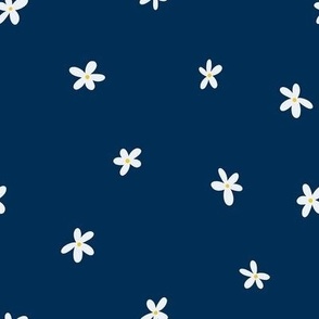 White Daisies, Sm Loose Tossed Floral Dot Pattern, White Flowers, Yellow Centers, Navy Blue Background