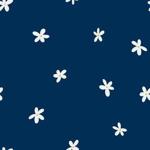 White Daisies, Med Loose Tossed Floral Dot Pattern, White Flowers, Yellow Centers, Navy Blue Background