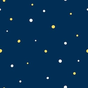 White and Yellow Dots, Sm  Loose Tossed Polka Dot Pattern, Dark Blue Background