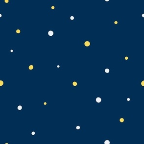White and Yellow Dots,  Med Loose Tossed Polka Dot Pattern, Dark Blue Background