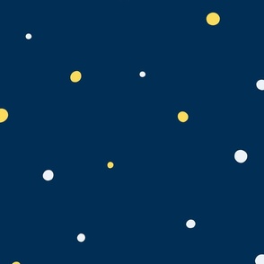 White and Yellow Dots,  Lg Loose Tossed Polka Dot Pattern, Dark Blue Background