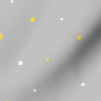 White and Yellow Dots,  Med Loose Tossed Polka Dot Pattern, Light Gray Background