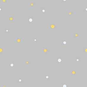 White and Yellow Dots,  Med Loose Tossed Polka Dot Pattern, Light Gray Background