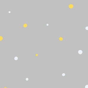 White and Yellow Dots,  Lg Loose Tossed Polka Dot Pattern, Light Gray Background