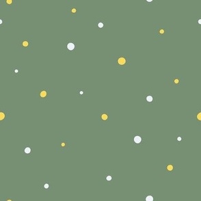 White and Yellow Dots,  Sm Loose Tossed Polka Dot Pattern, Medium Green Background