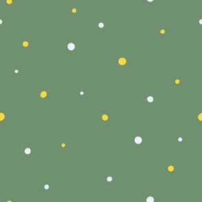 White and Yellow Dots,  Med Loose Tossed Polka Dot Pattern, Medium Green Background