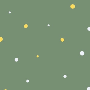 White and Yellow Dots,  Med Loose Tossed Polka Dot Pattern, Medium Green Background