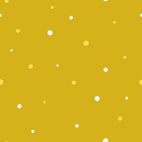 White and Yellow Dots,  Sm Loose Tossed Polka Dot Pattern, Yellow Gold Background