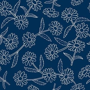 White Daisy Sm Outline Flowers, Stems and Leaves, Trailing Line Floral Pattern, Navy Blue Background