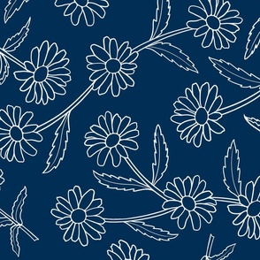 White Daisy Lg Outline Flowers, Stems and Leaves, Trailing Line Floral Pattern, Navy Blue Background