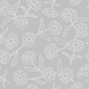 White Daisy Sm Outline Flowers, Stems and Leaves Trailing Line Floral Pattern, Light Gray Background