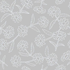 White Daisy Med Outline Flowers, Stems and Leaves Trailing Line Floral Pattern, Light Gray Background