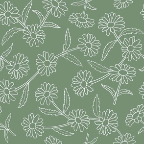 White Daisy Med Outline Flowers, Stems and Leaves Trailing Line Floral Pattern, Medium Green Background