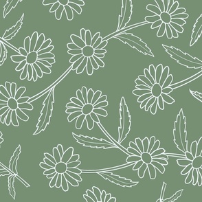 White Daisy Lg Outline Flowers, Stems and Leaves Trailing Line Floral Pattern, Medium Green Background