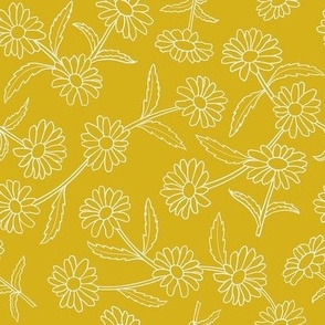 White Daisy Sm Outline Flowers, Stems and Leaves Trailing Line Floral Pattern, Yellow Gold Background