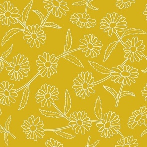 White Daisy Med Outline Flowers, Stems and Leaves Trailing Line Floral Pattern, Yellow Gold Background