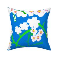 Forget Me Not Flowers Big Silhouette Floral Garden In Hot Pink And Pastel Pink With Grass Green On Bright Blue Retro Modern Maximalist Mid-Century Overlay Repeat Pattern