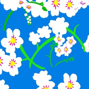 Forget Me Not Flowers Big Silhouette Floral Garden In Hot Pink And Pastel Pink With Grass Green On Bright Blue Retro Modern Maximalist Mid-Century Overlay Repeat Pattern