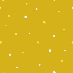 White and Yellow Dots,  Med Loose Tossed Polka Dot Pattern, Yellow Gold Background